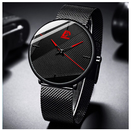 Stainless Steel Ultra-thin Quartz Wristwatch Classic Men's Fashion Waterproof Wacth MESH BLACK RED