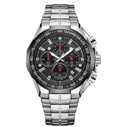 Wwoor Watch For Men Luxury Chronograph Waterproof Quartz Wristwatch Stainless Steel Watch BLACK DIAL SILVER STRAP