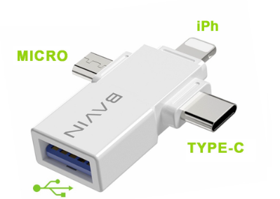 Bavin 3 in 1 Otg Usb Adapter with High-Speed Transmission and Gaming for Iph / Micro / Type-C