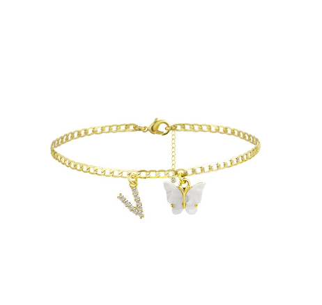 Fation Dainty Butterfly Initial Ankle Bracelets Handmade Cuban Chain White Butterfly A-Z Alphabet Letter Initial Anklets Summer Beach V