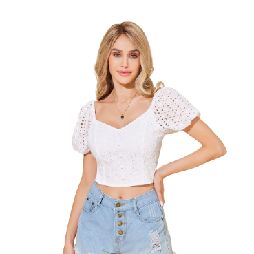 Lovito Women Casual Plain Eyelet Embroidery Button Front Blouse LBL06051 (White)