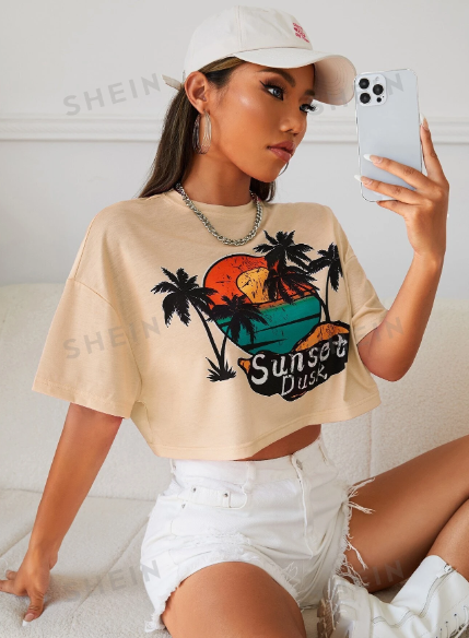 SHEIN EZwear Letter Graphic Drop Shoulder Tee