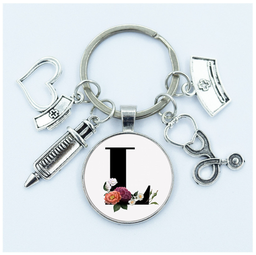 1Pcs Creative Stethoscope Syringe 26 Letter Keychains Nurse Cap Initials Metal Keyrings Bag Ornaments Charms Gifts Souvenir L