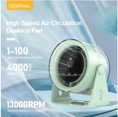 Orashare DF03 High Speed Desk Fan Rechargeable Fan 100 Gears Strong Wind Digital Display Wall Fan