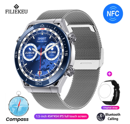 FILIEKEU Watch Ultimate GPS compass smart watch bluetooth call waterproof sports fitness ECG smart watch SILVER BLUE MESH