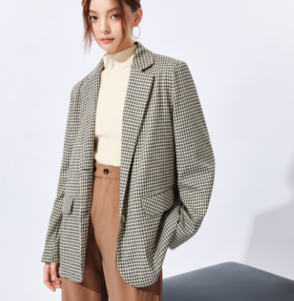 Casual Plaid Pocket Lapel Korean Style Retro Women Blazer (Khaki)