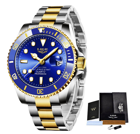 LIGE Men's Watch Stainless Steel Relo For Male Business Watches Waterproof Unisex WristWatch GOLD BLUE