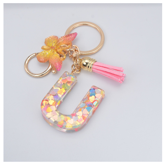 Exquisite 26 Letter Resin Keychain with Pink Tassel Gradient Butterfly Pendant Key Ring Women Bag Ornaments Accessories U
