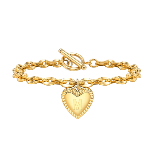 Vnox A-Z Letter Heart Charms Bracelet for Women Girl 18K Gold Elegent Love Stainless Steel Link Chain Initial Jewelry Birthday Present M