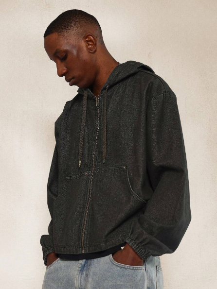 SUMWON Boxy Zip Through Denim Jacket With Hood
