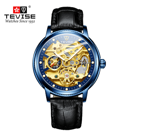TEVISE Automatic watch for men Gold Luxury Skeleton Mechanical Watches waterproof Luminous Tourbillon Leather strap Men Watch 4