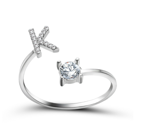 Silver A-Z Letters Ring for Women Cubic Zirconia Initial Letter Ring Fashion Jewelry Gift Adjustable K