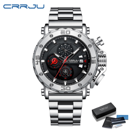 CRRJU Men's Watch Original Brand Multifunction Luminous Fashion Luxury Business Sports Military Analog Quartz Stainless Steel Waterproof Watch 005