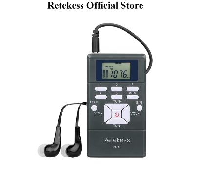 Retekess PR13 Portable FM Radio Receiver Mini Walkman Radio AAA Battery Powered Radio with Earphone and Lock Key for Theater Church Tour Guide