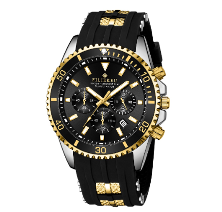 FILIEKEU Fashion Men Watch Analog Quartz Waterproof Sport Watches Stainless Steel Luminous Business Watch  GOLD BLACK