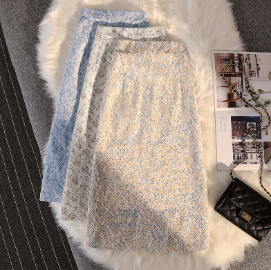 Back Slit Floral Skirt Skirt Korean Retro High Waist Slimming A-line Skirt Midi Skirt