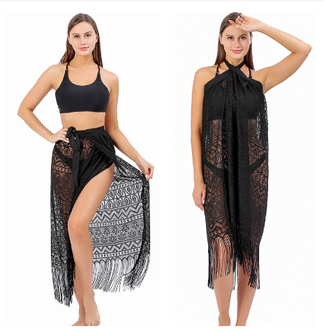 Women lace Long Sarongs Cover up Beach Wear Bikini Wrap Sheer Skirt Scarf for Swimwear Cover-ups Three Way Wrap Skirt