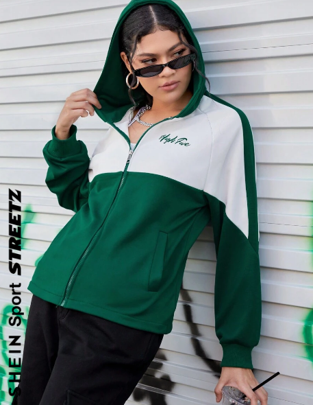 SHEIN Sport Streetz Color Block Letter Printed Hooded Sports Jacket