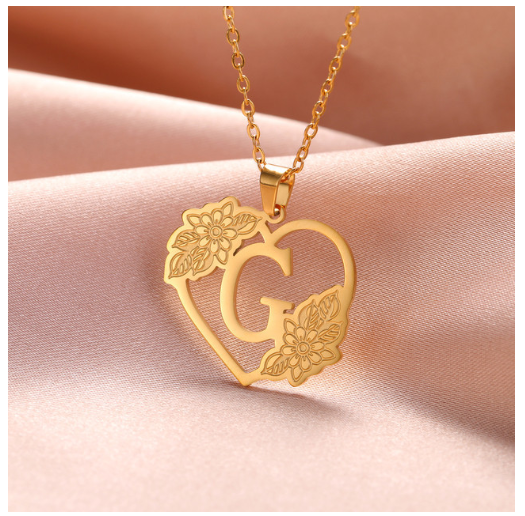 A-Z Initial Flower Necklace Women Stainless Steel Letter Heart Pendant Necklace Choker G