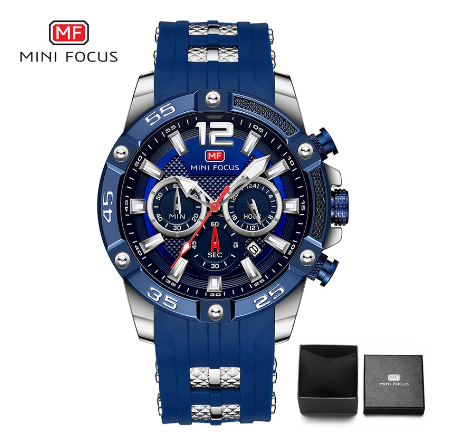 Mini Focus Watch Men Luminous Chronograph Waterproof Sports Silicone Analog Quartz Watch SILVER BLUE