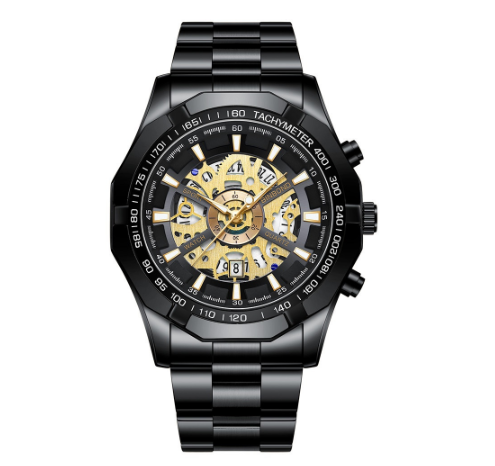 Binbond 100% Original Fashion Hollow Luxury Stainless Steel Waterproof Men's Business Watch Blue automatic Quartz wrist watch for men M5