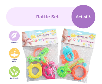 Child Care Rattle Gift Set, Set of 3, Non-Toxic, BPA Free, Random Designs and Color
