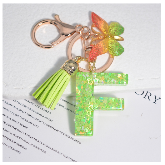 Glitter Green 26 Letter Resin Keychain Fashion Sequin Filled A-Z Alphabet Keyrings For Women Car Key Holder Accessories Souvenir F