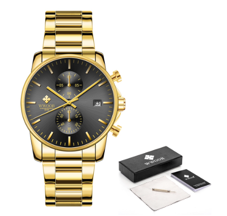 Wwoor Sports Watches Mens Luxury Brand Stainless Steel Quartz Watch Chronograph Date Wristwatch Business Male Watch GOLD BLACK