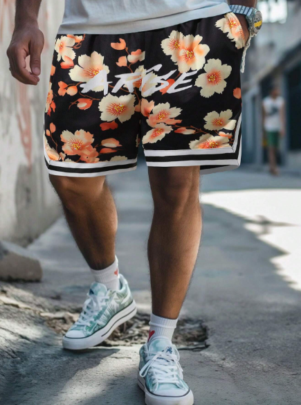 Manfinity RSRT Men's Floral Striped Printed Drawstring Waist Casual Fit Casual Shorts