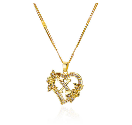 Zircon Stainless Steel Heart Flower Letter Necklaces For Women Gold Color A-Z Letter Heart Necklace X