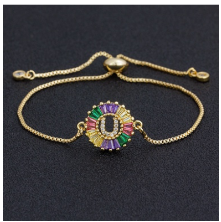 New Fashion A-Z Initial Colorful Cubic Zircon Letter Bracelets Adjustable Chain Rainbow Jewelry U