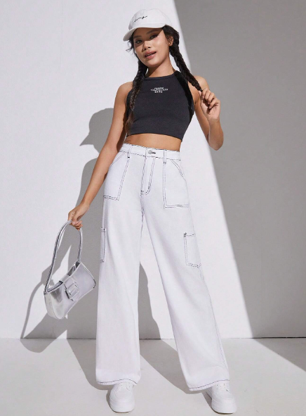 SHEIN Teen Girl Top-Stitching Flap Pocket Side White Cargo Streetwear Straight Leg Jeans