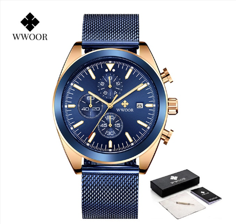Wwoor New Fashion Men Watches Top Brand Luxury Blue Chronograph Full Steel Waterproof Quartz Sports Watch BLUE ROSEGOLD COMBINATION