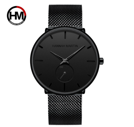 HANNAH MARTIN Fashion Watch For MEN Business Causal Waterproof Watches Stainless Steel Starp JAPAN Movement Quartz Watch BLACK