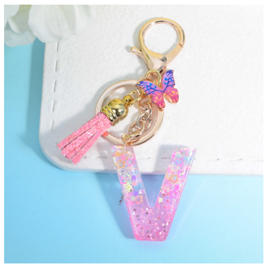 Glitter Star Sequin Filled 26 Letter Keychains With Butterfly Pendant Fashion Tassel Name Initials Key Chains Car Keyrings Gifts V