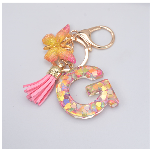 Exquisite 26 Letter Resin Keychain with Pink Tassel Gradient Butterfly Pendant Key Ring Women Bag Ornaments Accessories G
