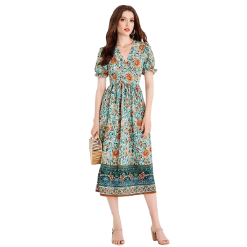Lovito Boho Paisley Wrap Ruffle Puff Sleeve Position Printing Dress for Women L51ED132 (Teal Blue)