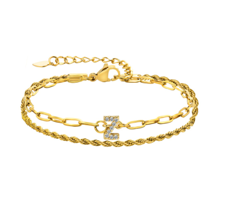 Vnox Letter Double Layer Braelet,18K Gold Fried Twistsed Paper Clip Zirconia Initial Stainless Steel Chain Link for Women Z