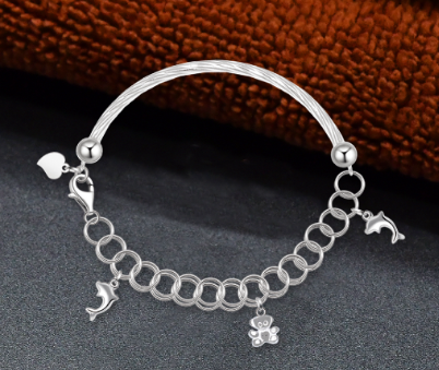 92.5 Italy Sterling Silver Bear And Fish Ladies Bangles