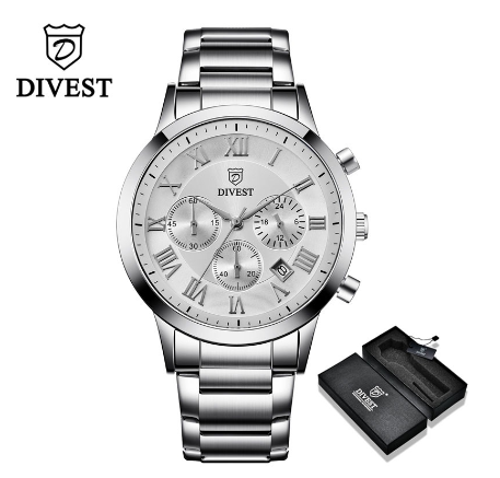 DIVEST Men's Watches Brand Fashion Luxury Sport Stainless Steel Business Quartz Men Watch Waterproof 9009 SILVER