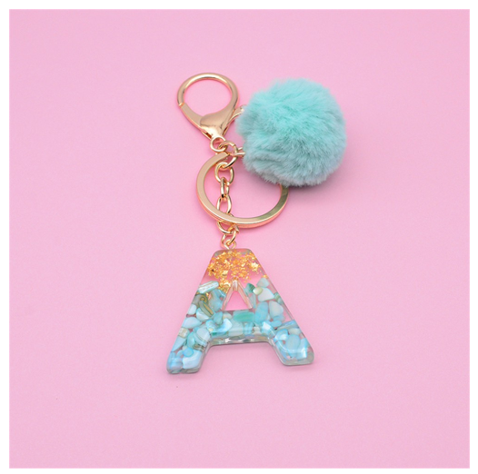 Cute Keyring Green Pompom Fur Ball 26 Letter Keychain Resin Key Chains Handbag Charms For Woman Ornaments Accessories Gift A