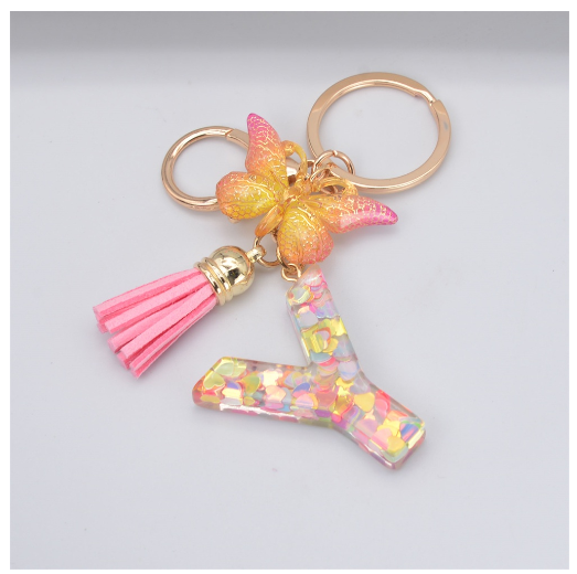 Exquisite 26 Letter Resin Keychain with Pink Tassel Gradient Butterfly Pendant Key Ring Women Bag Ornaments Accessories Y
