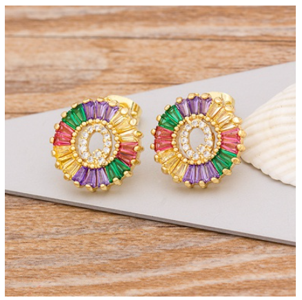 Colorful Choice 26 Initial Letters Earrings Cute Alphabet Copper CZ A-Z Rainbow Stud Earrings Name Jewelry Q