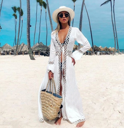 2022 Sexy Beach Cover Up Swimsuit White Lace Tassels Beach Dress Women Bikini Swimwear Bathing Suit Summer Beach Wear Tunic