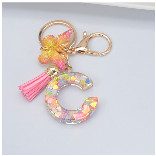 Exquisite 26 Letter Resin Keychain with Pink Tassel Gradient Butterfly Pendant Key Ring Women Bag Ornaments Accessories C