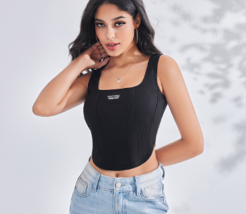 Lovito Women Appliques Structure Line Tank Top LBE03007 Black