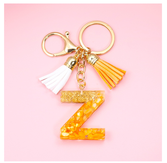 Tassel Gold Foil A-Z 26 Letter Pendent Keychain for Women Orange Resin Keyrings Girls Bag Ornamant Accessories Charms Gifts Z