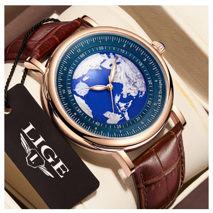 LIGE Official Luxury Watch For Mens Fashion Brands Leather Strap Waterproof Luminous Watches Quartz Earth Dial Wristwatch ROSE BLUE
