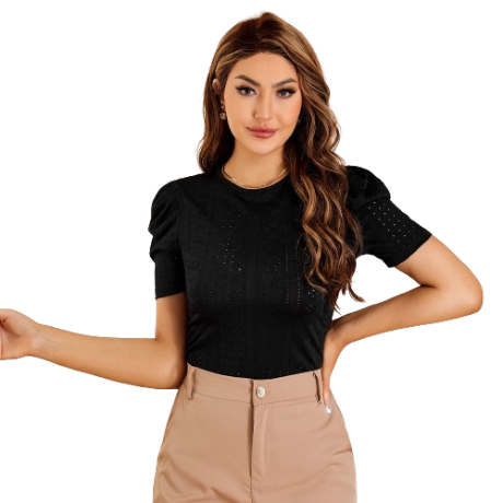 Lovito Elegant Plain Jacquard Ruffle Short Puff Sleeve T Shirt for Woman L17D113 (Black)
