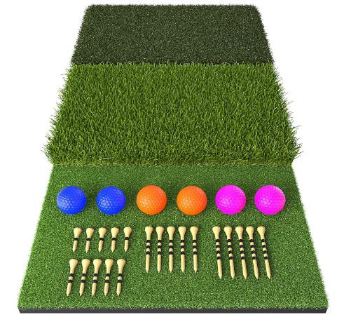 Jaya Golf Hitting Practice Mat, Two Options (Heavy Rubber Base Dual-Turf Mat with Ball Tray, Tri-Turf Mat with Practice Golf Balls), Portable Golf Training Mat for Indoor and Outdoor